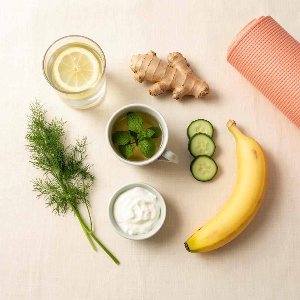 Flat-lay of anti-bloat essentials on a cream linen surface: lemon water, ginger root, peppermint tea, cucumber slices, banana, fennel, yogurt and a yoga mat