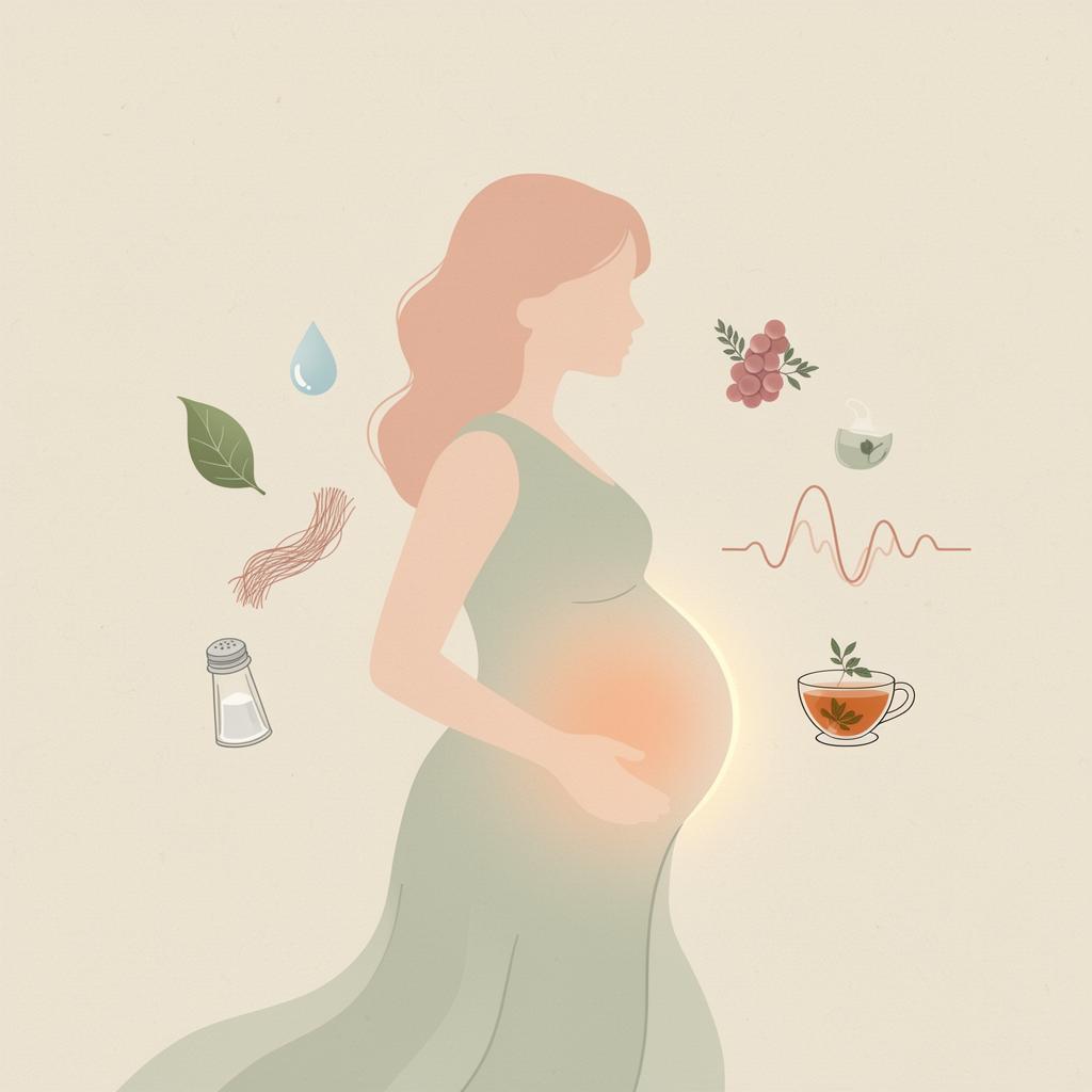 Soft illustration of a woman in profile with a gentle glow over her belly, surrounded by water, herbs, salt and tea icons on a cream background