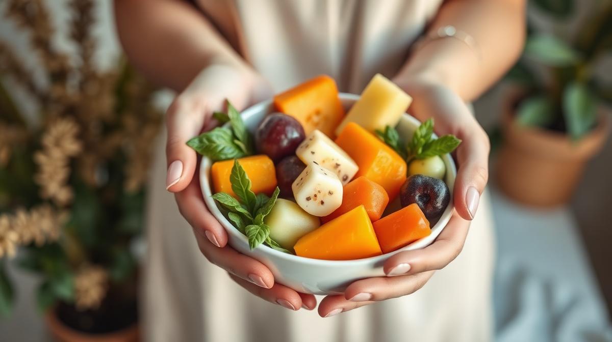 Gesunde Früchte und Gemüse in einer Schüssel als Symbol für Ernährung für strahlende Haut und hormonelles Gleichgewicht