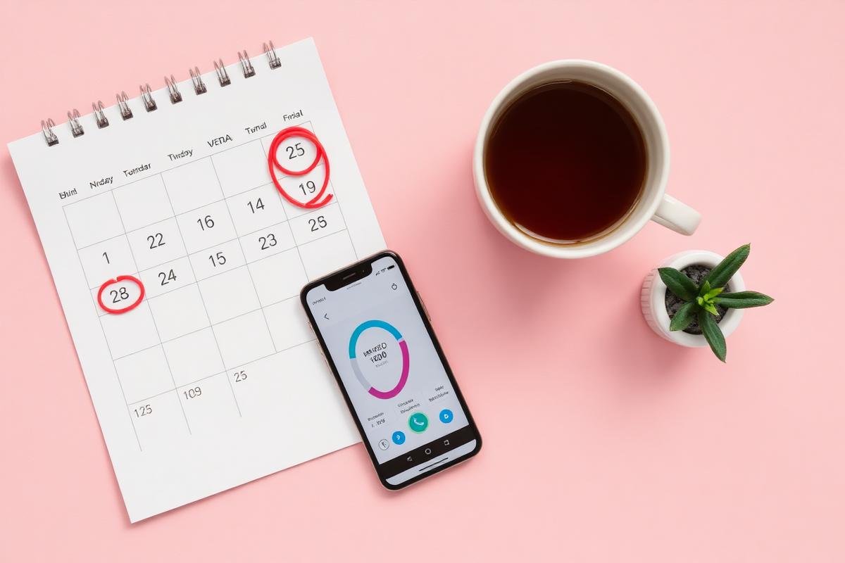 Calendar with circled dates and a cycle tracking app on a phone with herbal tea on pink background