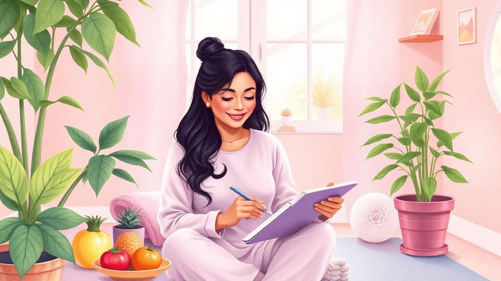 Mulher praticando autocuidado e bem-estar com diário, alimentos saudáveis e yoga em ambiente aconchegante