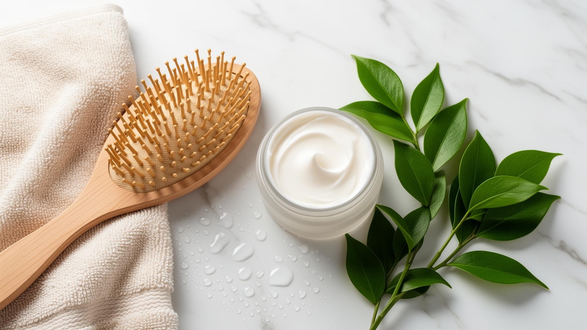 Pot de crème hydratante et brosse à cheveux en bois sur fond de marbre avec feuilles vertes et gouttes d'eau