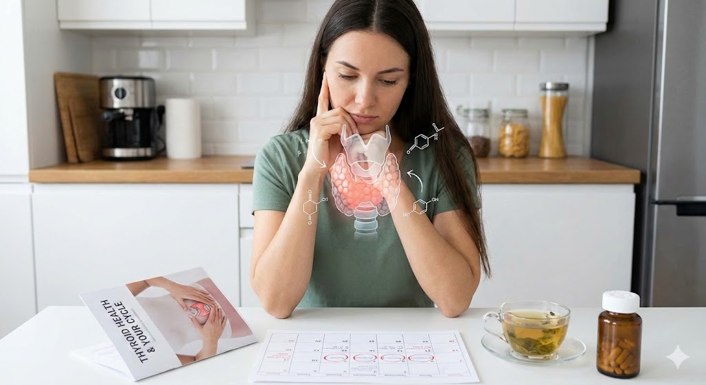 Frau recherchiert Schilddrüsengesundheit mit Hormonmolekül-Diagrammen und Menstruationskalender
